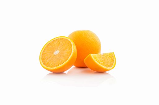 A close-up shot of whole and cut oranges on a white background.