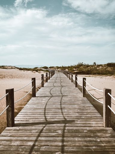 A vertical shot of a wooden long jetty under the gloomy sky