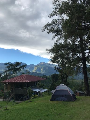 A vertical shot of a blue tent next to a house in a forest in cloudy sky background