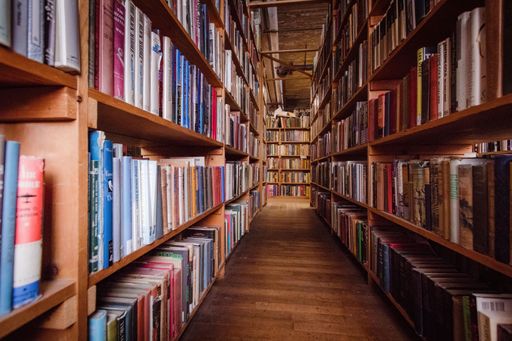 A closeup of old bookshelves inside a library