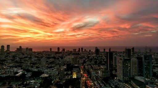 Sunset over Tel Aviv with army helicopters flying by