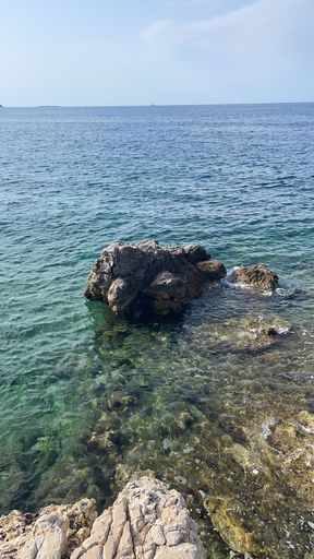 A vertical shot of rock formations in the ocean on a sunny day