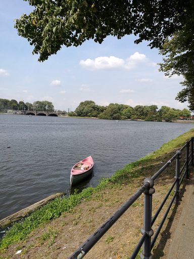 A vertical shot of a boat floating on the lake