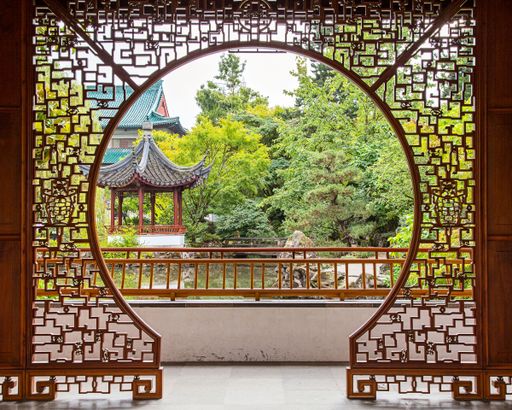 A traditional Chinese gate at Dr. Sun Yat-Sen Classical Chinese Garden, Vancouver, British Columbia, Canada