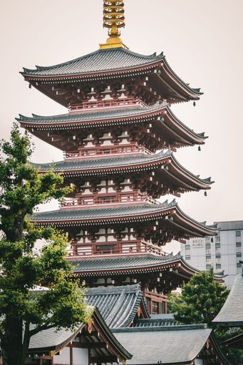 A vertical shot of a tall temple with a Japanese-style architecture with trees in the foreground