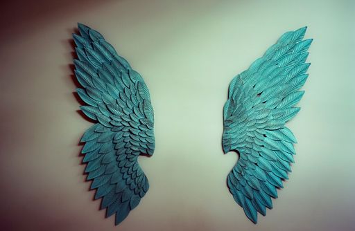 A closeup of angel wings on white wall