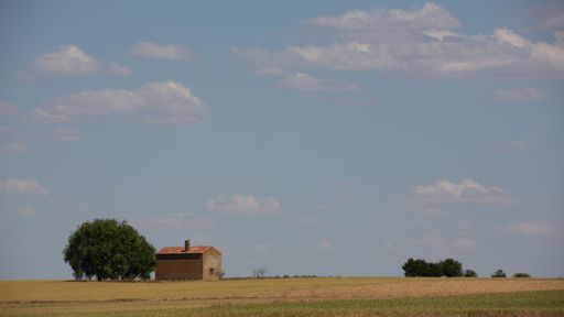 A scenic view of a rural house near a green tree in a field on a sunny day in Castilla-Leon, Spain
