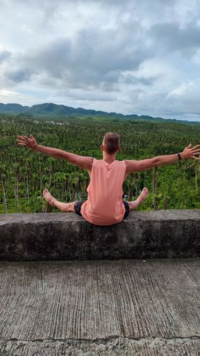 A back view of a male sitting on a stone wall and posing for a photo while looking at a field