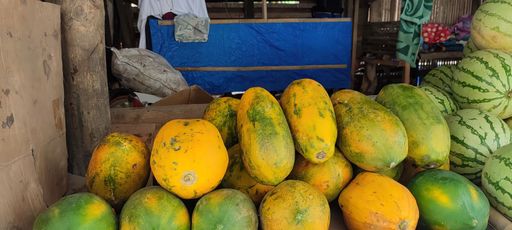 A closeup shot of a group of papaya and watermelon stacked in a marketplace