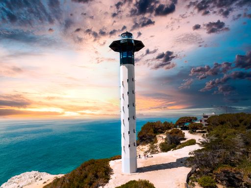 aerial image of a large lighthouse guiding ships with a wonderful seascape in the background in a spectacular sunset