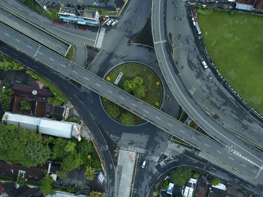 An overhead shot of an interchange with roundabout