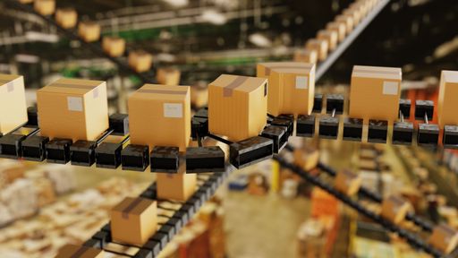 A closeup shot of semi-realistic cardboard boxes on a conveyor belt in a warehouse