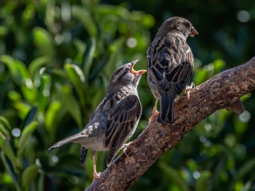 A selective focus shot of adorable sparrows perched on a branch on a blurred background of a garden