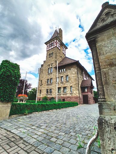 Old half-timbered house in the thuringian forest. villa in the village surrounded by beautiful nature and forest