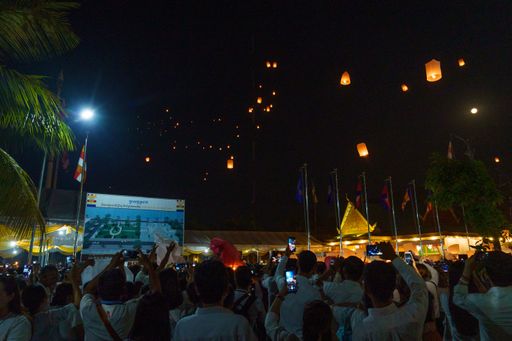 A beautiful shot of Lanterns released into the sky during the Chum Ben festival