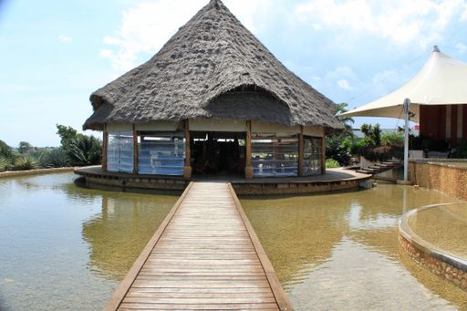 The wooden pathway leading to the round hut in the water on a sunny day