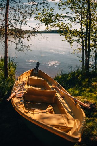 A vertical shot of a fishing boat on green grass near the lake at sunrise