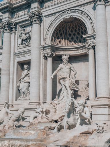 A vertical shot of the Trevi Fountain in Rome, Italy on a sunny day
