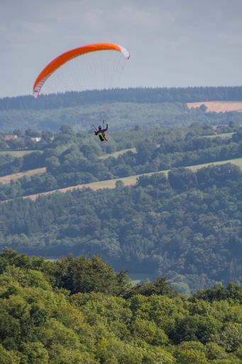 A vertical shot of a paraglider flying over mountains covered in trees