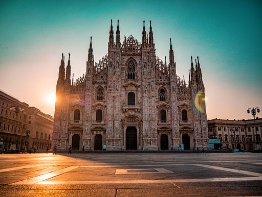 A panoramic view of Piazza del Duomo ,Cathedral Square at sunrise, Milan, Italy