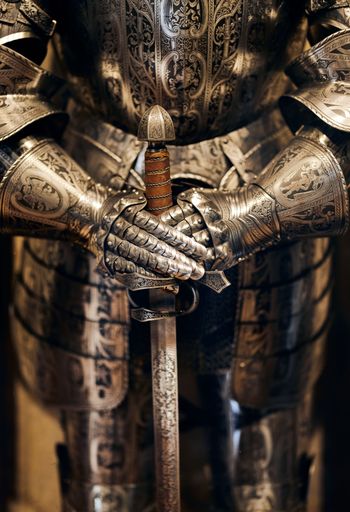 A closeup vertical shot of an armor replica with hands holding a swan in the City of Prague