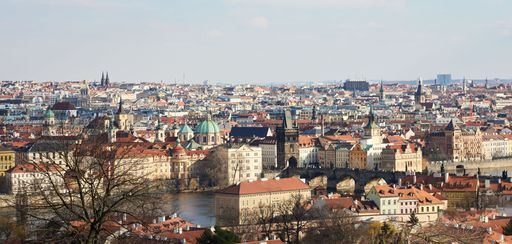An aerial shot of the cityscape of Prague with beautiful buildings in the Czech Republic on a sunny day