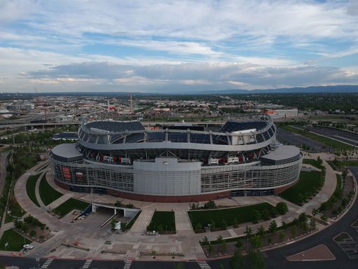 An aerial shot of Empower Field Denver Football Stadium