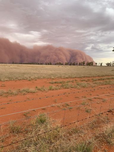 A vertical shot of an approaching sand and dust storm smothering the farmland in the background