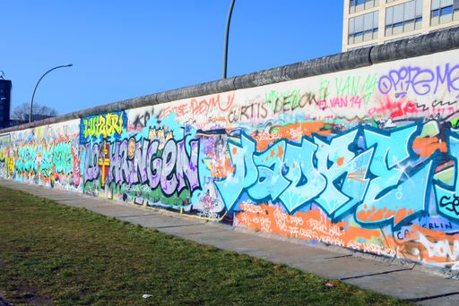 The East Side Gallery, one of the last remaining pieces of the original Berlin Wall, stretches for 1.3 km along Muhlenstrasse