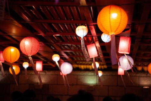 A low angle shot of hanging paper lanterns in Seoul's Lantern Festival