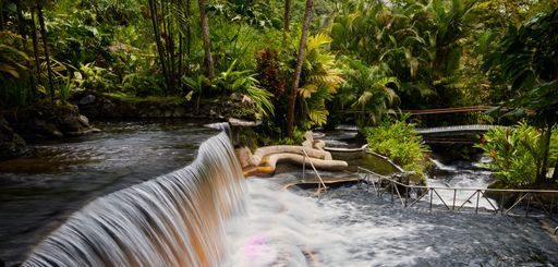 The Tabacon geothermal waterfall in La Fortuna Arenal volcano area, Costa Rica