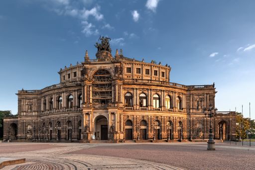 A view of the Semper Opera building under the blue sky in Dresden