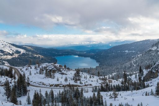 The Donner lake under the snow in winter, in the Nevada