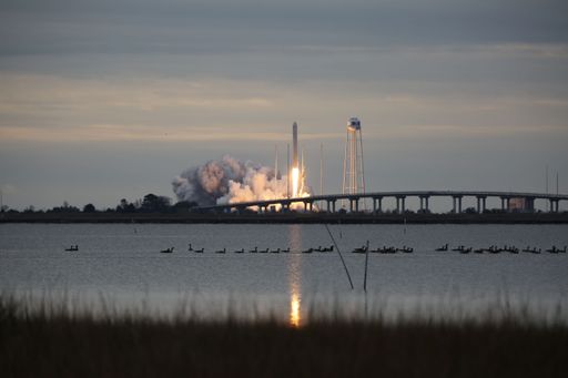 A spaceship rocket taking off with lots of smoke and steam and ducks swimming in the lake in front