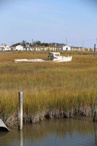 A vertical shot of an old boat in a green grass field near the lake on a sunny day