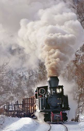 A Mocanita Steam Train and the narrow gauge on snowy railroad with thivk smoke in the sky