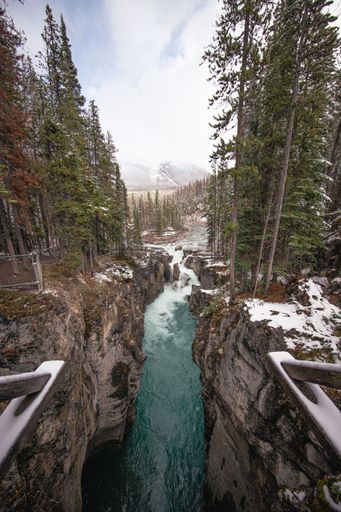 A vertical shot of the Athabasca Falls Canyon, a famous landmark in Alberta, Jasper, Canada