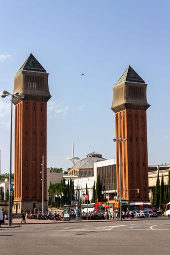A vertical shot of the Placa d'Espanya or Spain square, with the Venetian Towers. Travel concept