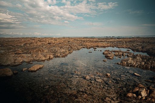 A rocky seabed at low tide or rocky beach at cape Uvita, Costa Rica ,under blue cloudy sky