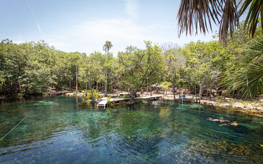 The scenic swimming area at the Cenote Corazon del Paraiso in Mexico's Riviera Maya.