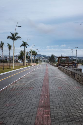 A vertical shot of long stone floor street with lamp posts and palm trees under cloudy blue sky