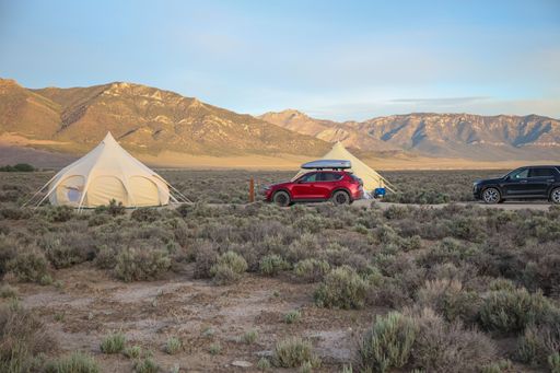A row of luxurious "glamping" tents in a campground in eastern Nevada.