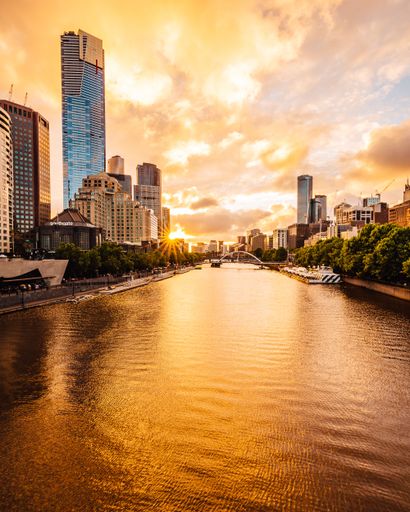 A vertical shot of stunning Melbourne cityscape at sunset. Australia.