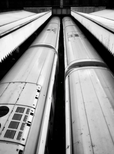 A high angle vertical shot of  two trains in a train station in black and white