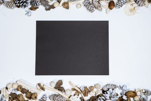 An overhead shot of a black square in the middle of pine cones on a white surface great for writing a text
