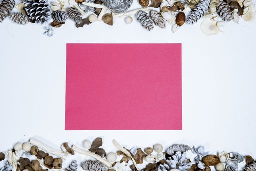 An overhead shot of a pink paper in the middle of pine cones great for writing text or background