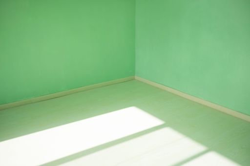 An empty green room with the windows' reflectection on the floor