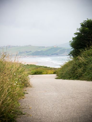 A vertical shot of a road leading through a field to a lake and scenic hills