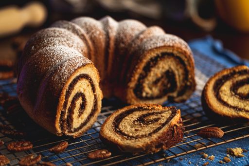 A closeup of a delicious Pecan Potica Bundt cake on a table