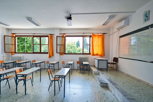 classroom. beautiful school building in Greece, in nature, school with happy students. Zagora, Greece